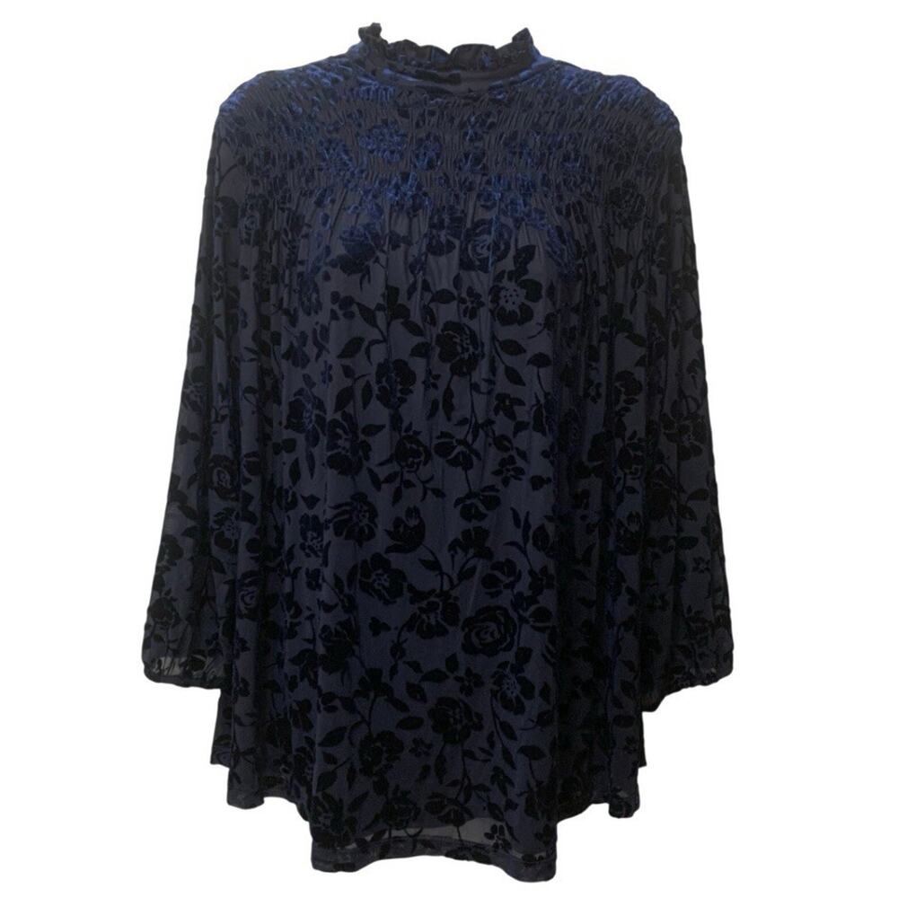Laurie Felt Velvet Burnout Floral Blouse Navy Smocked Mock Neck Long Sleeve L